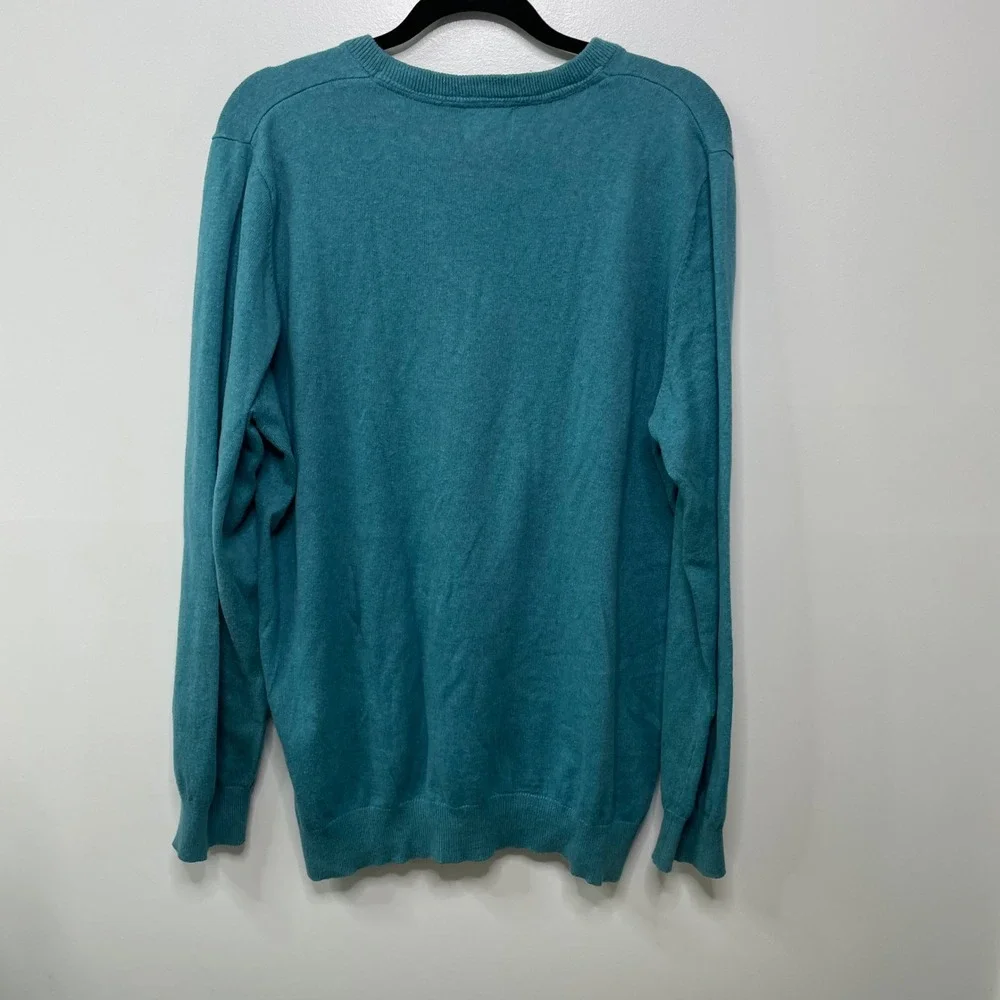 LL Bean Mens V-Neck Sweater Teal Blue Cotton Cashmere Blend L-Tall Preppy Gorp